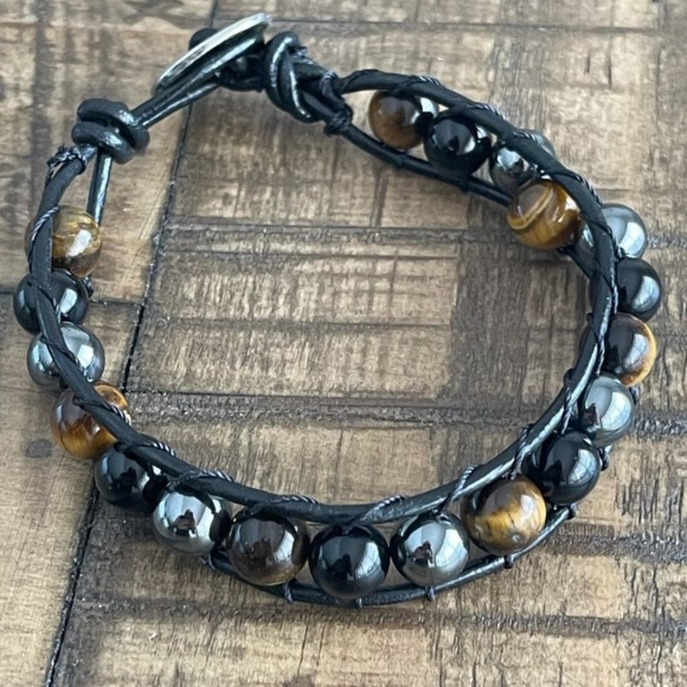 Tiger Eye - Black Onyx - Hematite Leather Bracelet - Picture 5 of 5
